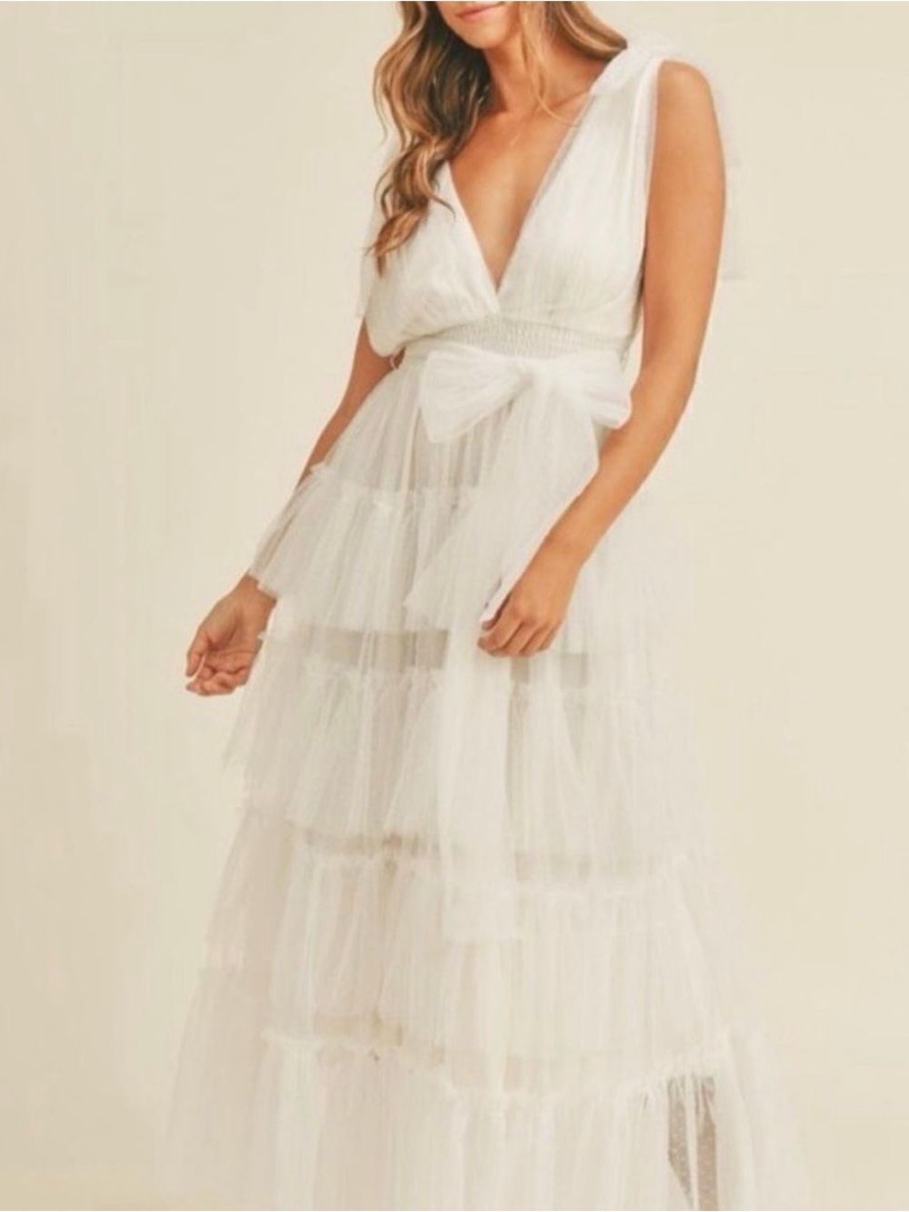 Ivory Tiered Tulle Maxi Dress with Bow Waist